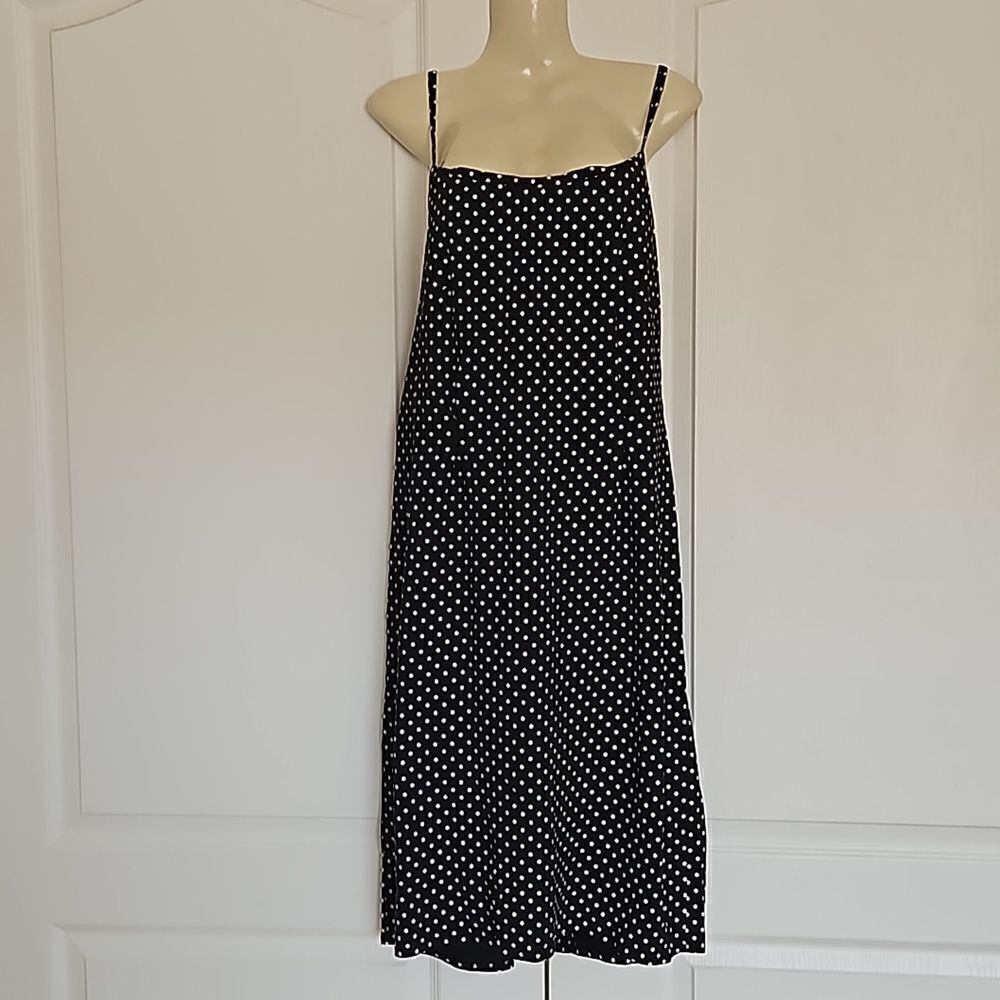 Women's Custom-Made Polka Dot Spaghetti Straps A-line Midi Dress M/L Black/White
